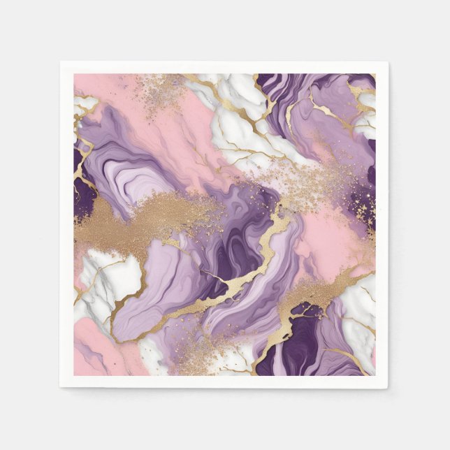Serviette En Papier Marbre de luxe Paillettes Rose Violet Or (Devant)