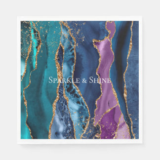 Serviette En Papier Marbre de Parties scintillant bleu bleu turquoise