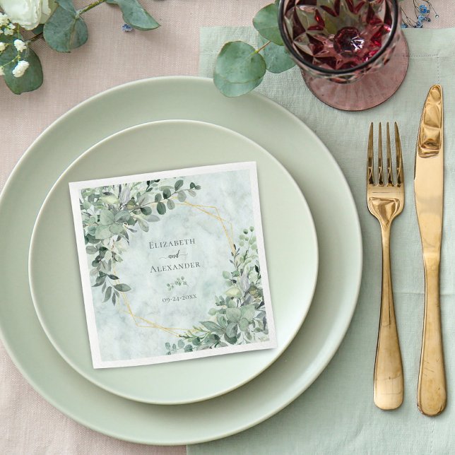 Serviette En Papier Marbre Elégant Verdure Eucalyptus Gold Mariage (Créateur téléchargé)