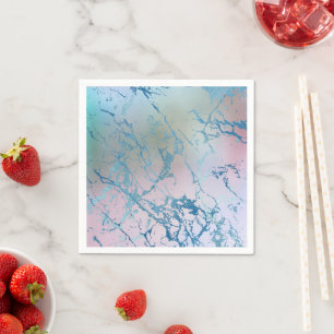 Serviette En Papier Marbre Iridescente Tendance Faux Holo bleu rose