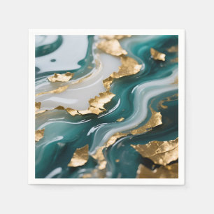 Serviette En Papier Marbre Liquide Sarcelle et Feuille d'Or Luxueuse 
