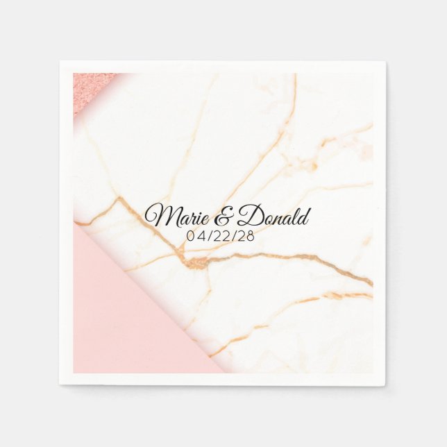 Serviette En Papier Marbre Moderne Pailleté Rose et Or (Devant)
