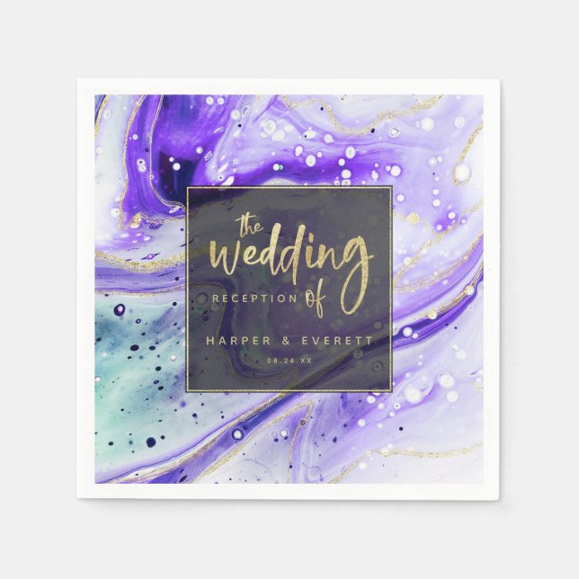 Serviette En Papier Marbre pourpre avec feuille d'or Mariage (Devant)