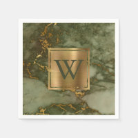 Marbre Vert Olive Élégant Monogramme Or