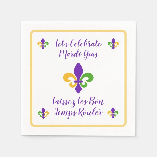 Serviette En Papier Mardi Gras Bon Temps Vert Or Violet Fleur de Lis (Devant)