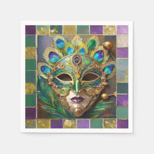 Serviette En Papier Mardi Gras Gold Ceramic Peacock Feature Masque