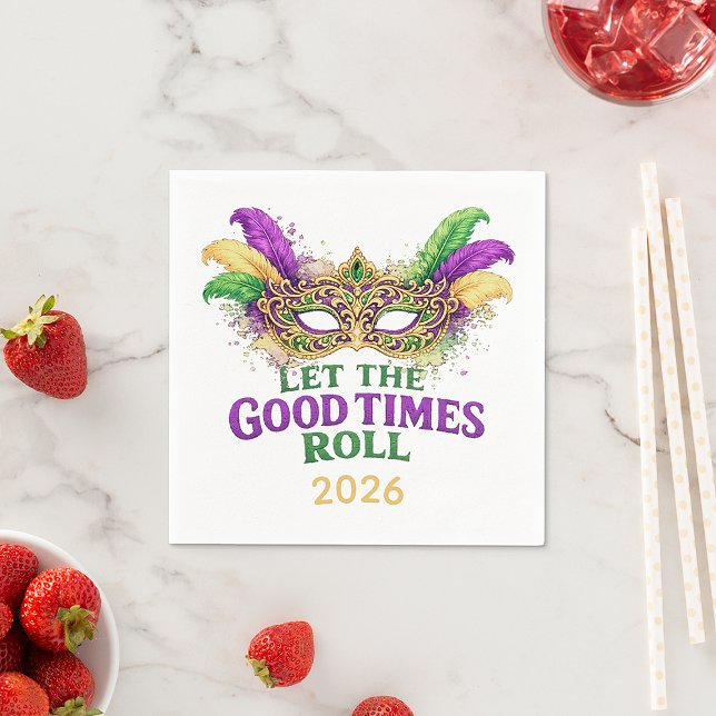 Serviette En Papier Mardi Gras Masquerade Mask Let The Good Times Roll (Celebrate 2026! Vibrant Mardi Gras napkins—personalize the year and let the good times roll)
