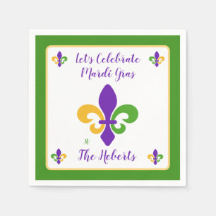 Serviette En Papier Mardi Gras NOM Vert Or Violet Fleur de Lis