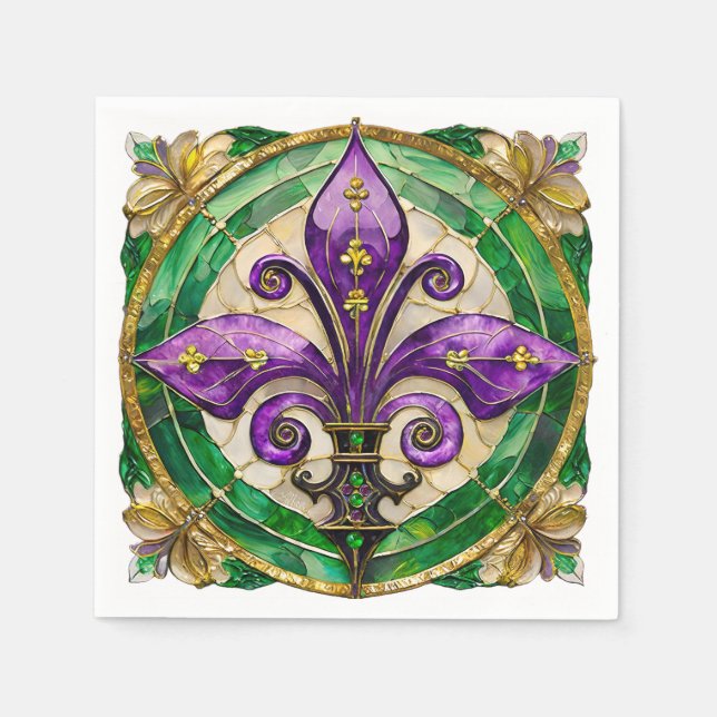 Serviette En Papier Mardi Gras Vitrail Fleur de lis  (Devant)