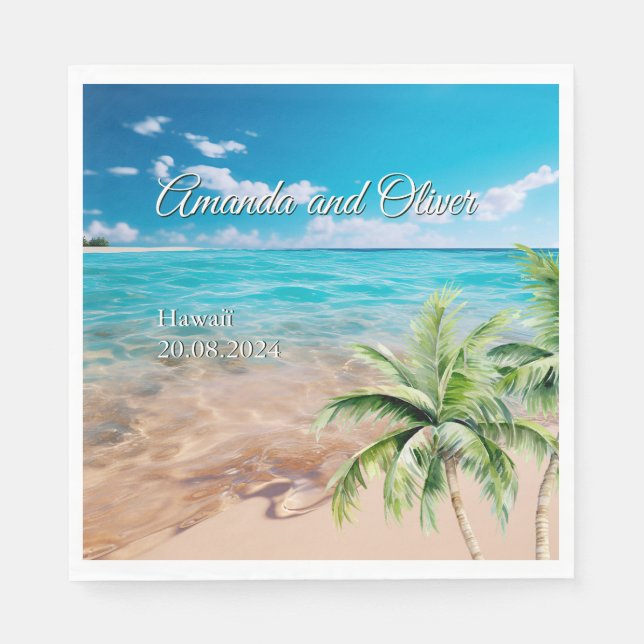 Serviette En Papier Marées Turquoise Tropical Palm Tree Beach Mariage (Devant)