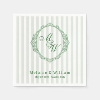Serviette En Papier Mariage à Amalfi Coast Sage Stripe Crest Monogram