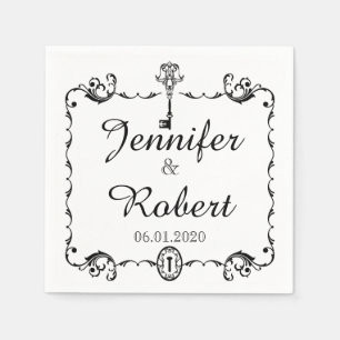 Serviette En Papier Mariage à clé noire et blanche Napkin