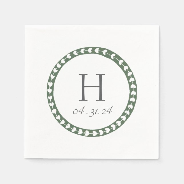 Serviette En Papier Mariage à impression botanique verte et blanche su (Devant)