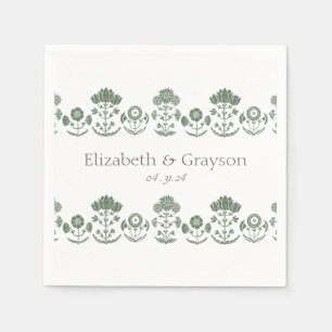 Serviette En Papier Mariage à impression botanique verte et blanche su