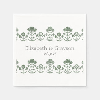 Serviette En Papier Mariage à impression botanique verte et blanche su