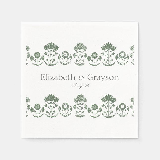 Serviette En Papier Mariage à impression botanique verte et blanche su (Devant)