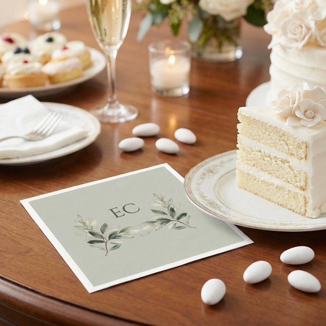 Serviette En Papier Mariage à la Monogramme de Branche d'Olivier Vert  (Créateur téléchargé)