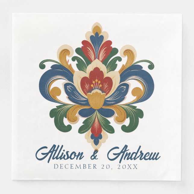 Serviette En Papier Mariage à la Rosemaling norvégienne  (Devant)