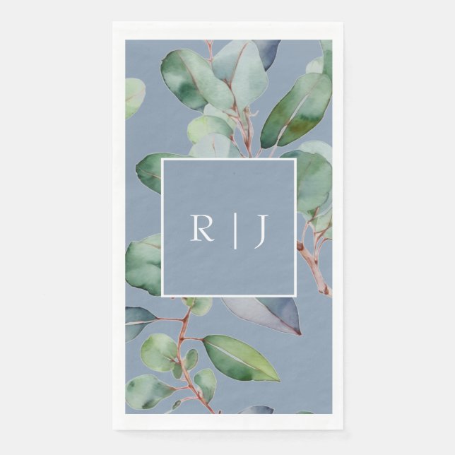 Serviette En Papier Mariage à la verdure de monogramme bleu poussiéreu (Devant)
