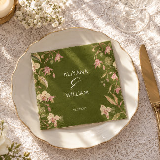 Serviette En Papier Mariage à la vigne fleurie verte et rose