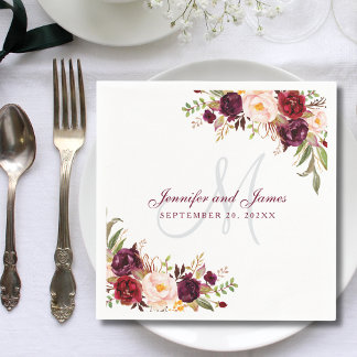 Serviette En Papier Mariage à l'aquarelle avec monogramme floral burgu
