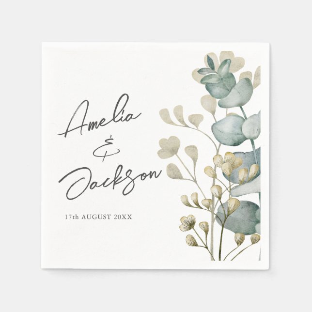Serviette En Papier Mariage à l'aquarelle Eucalyptus Vert Sauge (Devant)