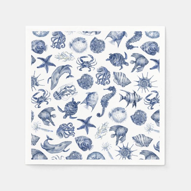 Serviette En Papier Mariage à l'aquarelle moderne bleu côtier de plage (Devant)