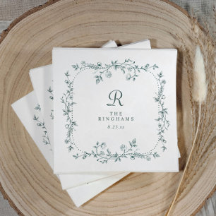 Serviette En Papier Mariage à Monogramme Floral Français Émeraude Vert