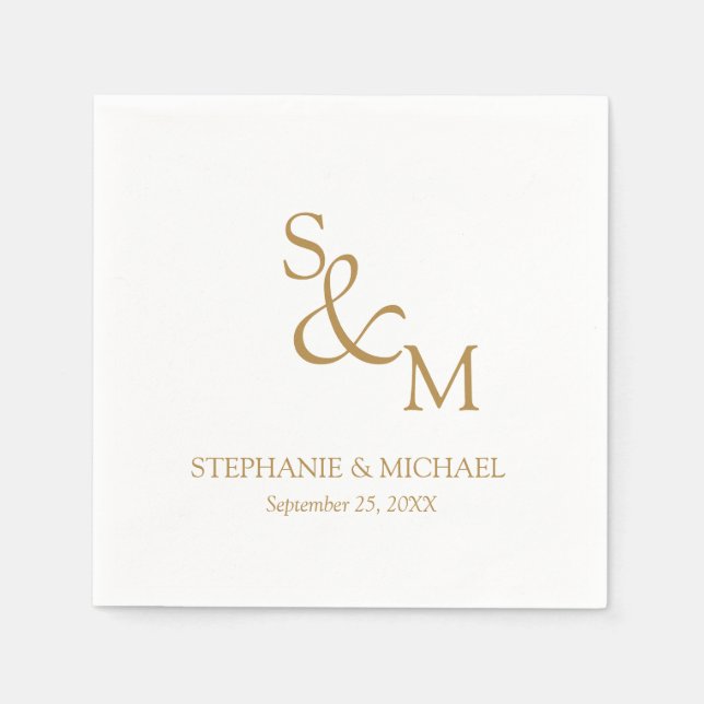 Serviette En Papier Mariage à monogramme minimal de script d'or (Devant)