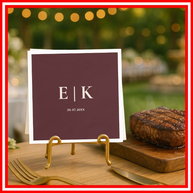 Serviette En Papier Mariage à monogramme simple Bourgogne & Ivoire (Créateur téléchargé)