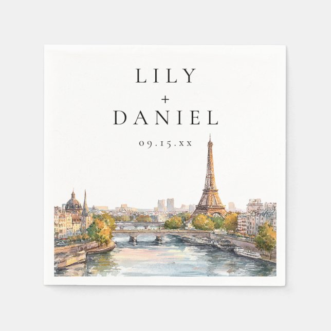 Serviette En Papier Mariage à Paris France Destination Aquarelle (Devant)