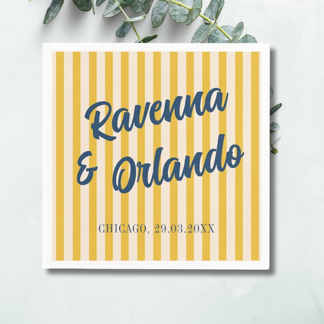 Serviette En Papier Mariage à rayures pêche rétro bleu de minuit (Créateur téléchargé)