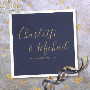 Serviette En Papier Mariage à signature manuscrite bleu marine et or