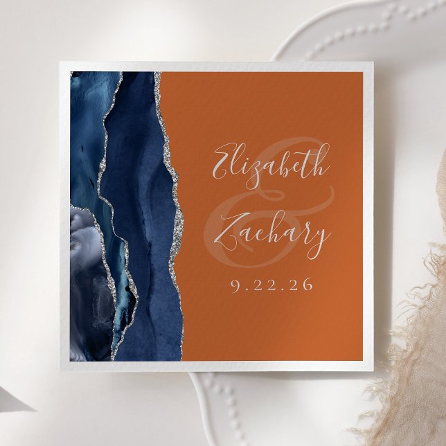 Serviette En Papier Mariage Agate Bleu Nuit Argent Orange Brûlé (Créateur téléchargé)