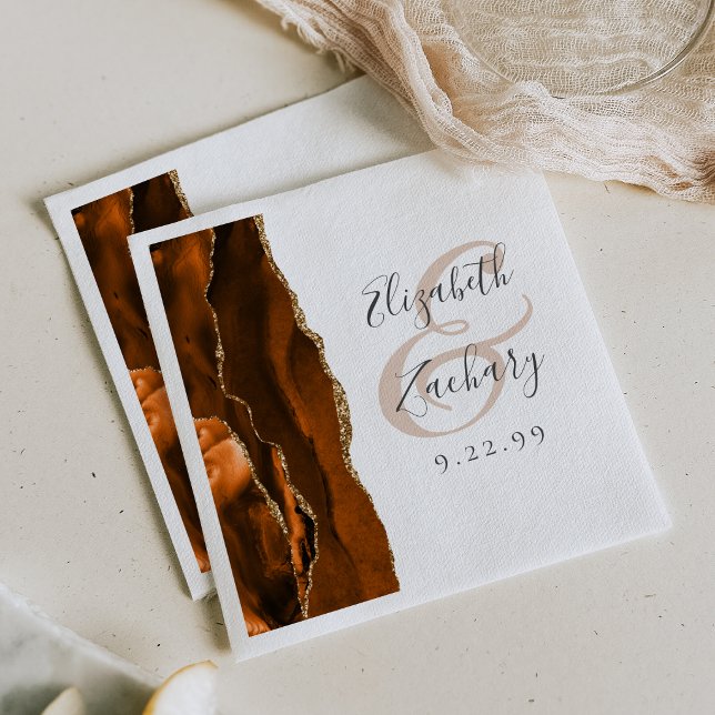 Serviette En Papier Mariage Agate Géode Écriture Orange Brûlé Or (Créateur téléchargé)