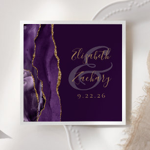 Serviette En Papier Mariage Agate Géode Écriture Violet Or Prune