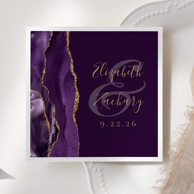 Serviette En Papier Mariage Agate Géode Écriture Violet Or Prune (Créateur téléchargé)