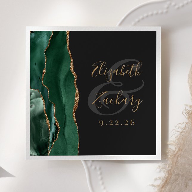 Serviette En Papier Mariage Agate Geode Script Émeraude Vert Or Sombre (Créateur téléchargé)