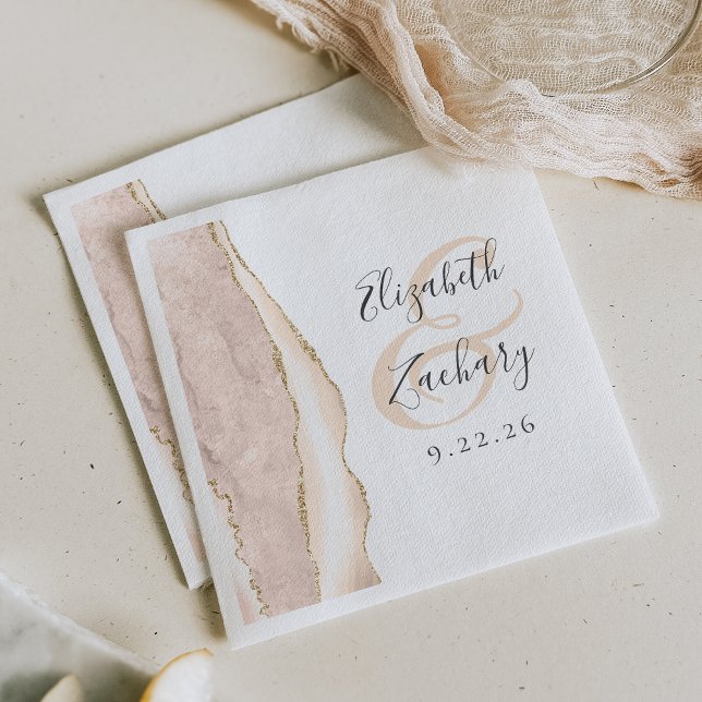 Serviette En Papier Mariage Agate Geode Script Ivoire Or (Créateur téléchargé)
