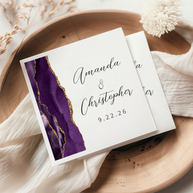 Serviette En Papier Mariage Agate Purple Gold Script (Créateur téléchargé)