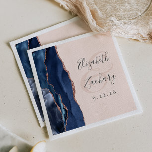 Serviette En Papier Mariage Agate Script Bleu Nuit Rose Doré Blush