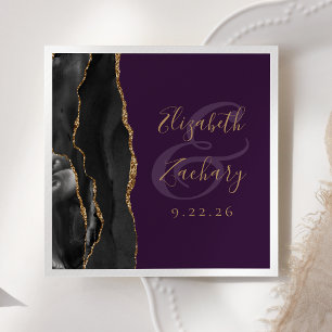 Serviette En Papier Mariage Agate Script Noir Or Profond Violet