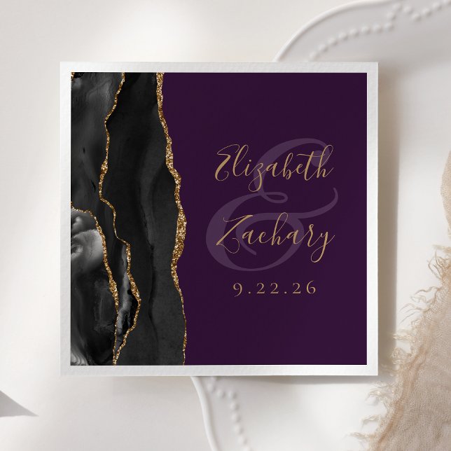 Serviette En Papier Mariage Agate Script Noir Or Profond Violet (Créateur téléchargé)