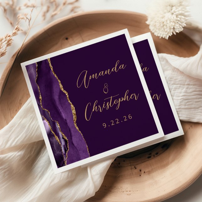 Serviette En Papier Mariage Agate Violet Or Script Prune (Créateur téléchargé)