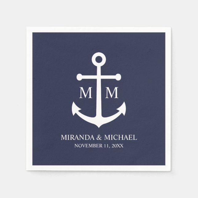 Serviette En Papier Mariage Ancre bleu marine (Devant)
