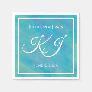 Serviette En Papier Mariage Aqua Blue & White Custom Name