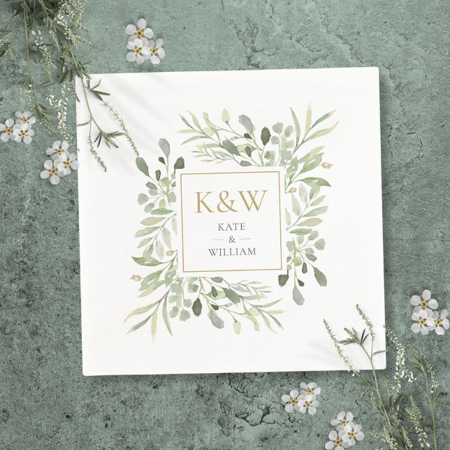 Serviette En Papier Mariage aquarelle à monogramme doré (Gold Monogram Greenery Watercolor Wedding Napkins)