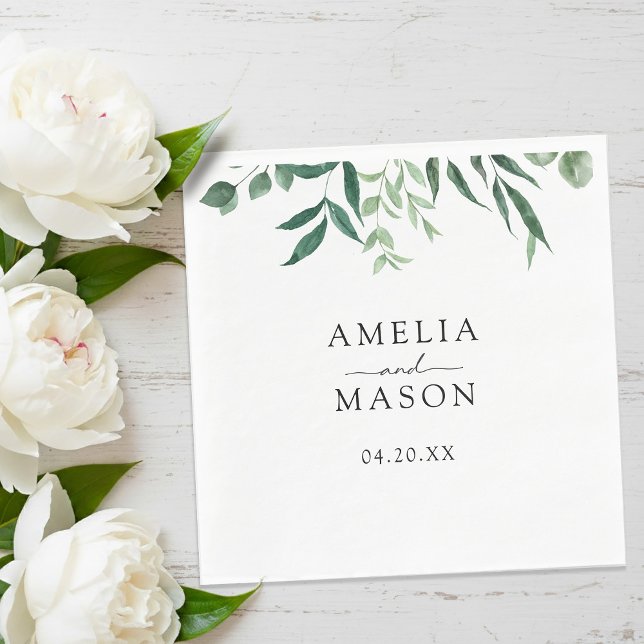 Serviette En Papier Mariage Aquarelle Feuillage Botanique Verdure (Greenery Botanical Foliage Watercolor Wedding Napkins)