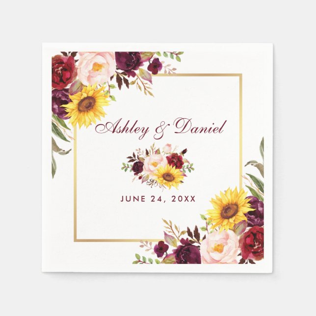 Serviette En Papier Mariage Aquarelle Floral Gold Frame (Devant)