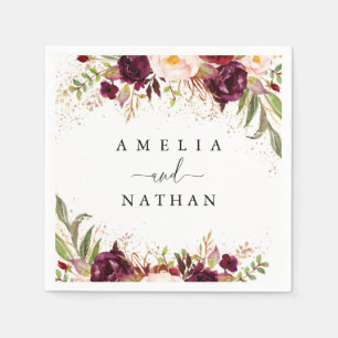 Serviette En Papier Mariage aquarelle florale Bourgogne poussière d'or